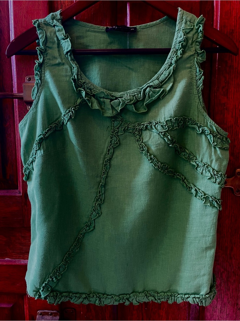 Green Ruffled Linen Tank Top - Sz Medium